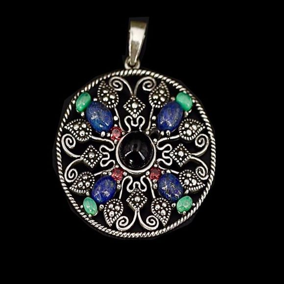 Sterling Silver Turquoise Garnet Onyx Lapis Lazuli Necklace Pendant